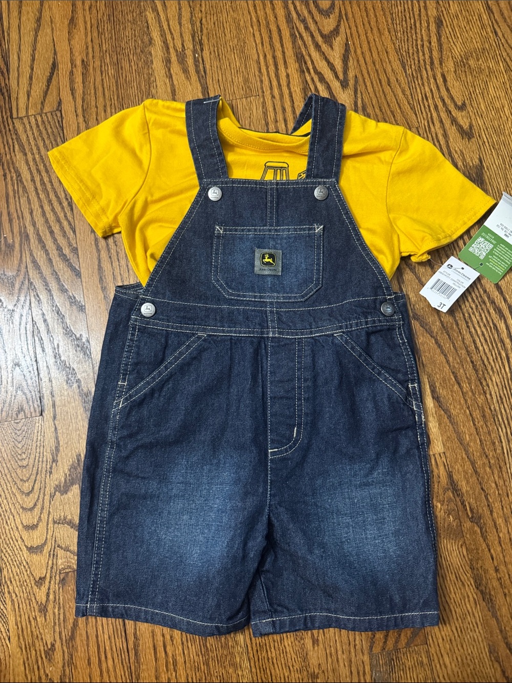 NWT John Deere Toddler 3T Denim Shortalls & “Deere Powered” Tee Set Farm Outfit